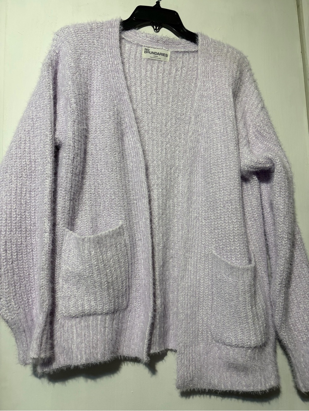 No Boundaries Lilac Open-Front Fuzzy Cardigan with Pockets